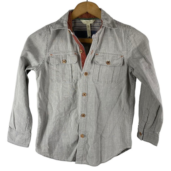 Matilda Jane Boys Button Down Shirt 8 Gray Polka Dot Print Wood Buttons - Picture 1 of 7
